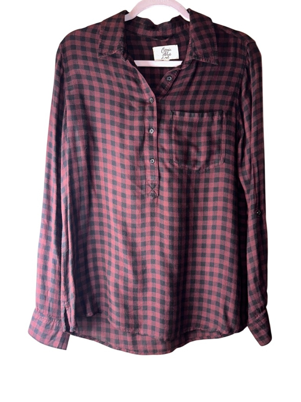 Cosmic Blue Plaid Button-Pullover Shirt in Brown and Black, sz M